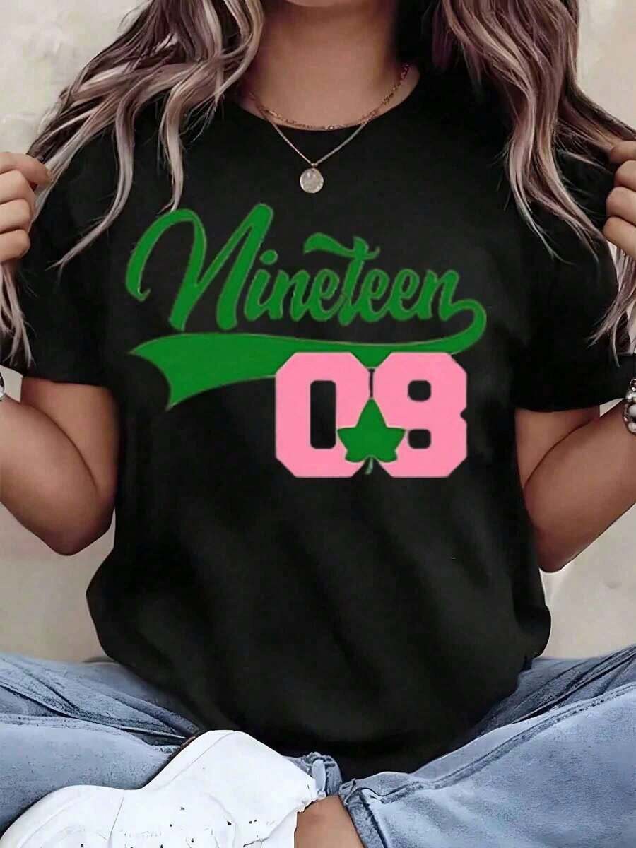 Women T Shirt Nineteen 08 Green And Pink Clover Print Round Neck Casual Loose Fit Tee For College Sorority Gift Aka Sorority 220g2026 - 黑色 - 查看 1