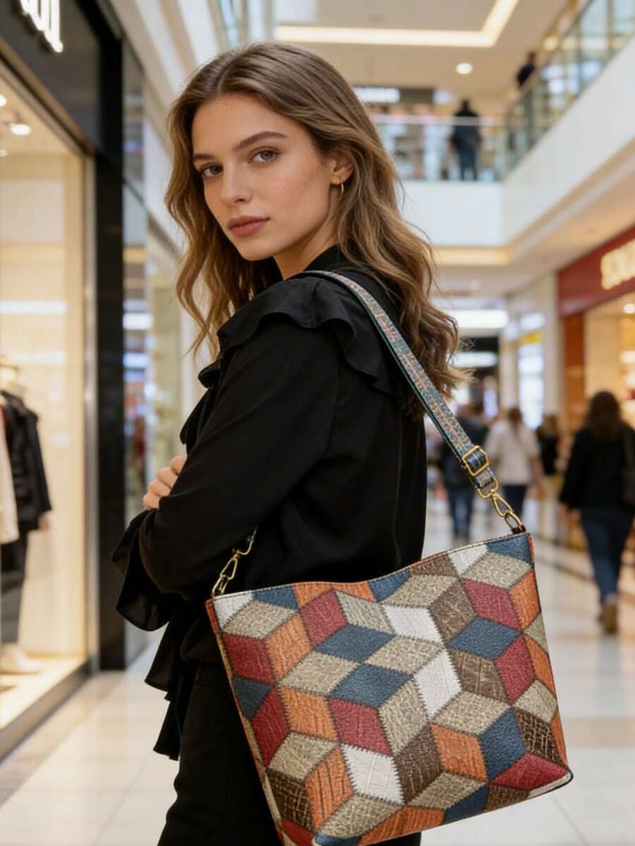 Women's Colorful Patchwork Tote Bag, Retro Quilted Shoulder Bag, Commuter Underarm Bag - Volcanic Gray - View 1