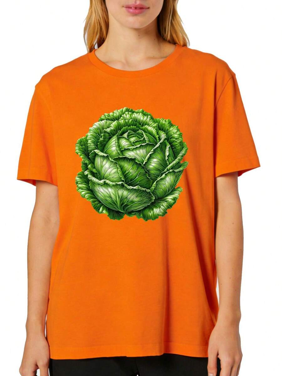 Food Vegetables Vintage Painting Vegetarian Vintage Art Cabbage Plus Size Print Women' T-Shirt - Casual Short Sleeve Round Neck Top With, Medium-Stretch Fabric Suitable For Spring Summer Fall Casual Attire, Machine Washable - trái cam - Xem 1