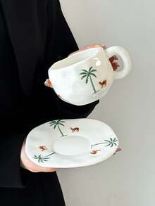 1pc Camel & Palm Tree Ceramic Cup & Saucer Set, Minimalist Embossed Handmade Porcelain Coffee Mug & Plate, Creative Ins-Style Household Mug, Paired With Dessert Plate, Ceramic - Suitable For Various Coffee & Tea, Ideal Gift For Women/Men Birthday - Multicolor - View 13