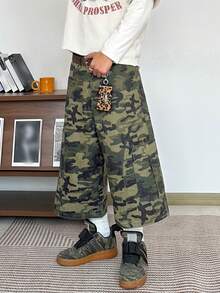1件美式街头风男士刺绣拼接多口袋阔腿宽松休闲牛仔短裤（不含腰带和配饰） - 綠色 - 查看 6