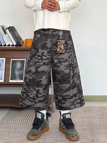 1件美式街头风男士刺绣拼接多口袋阔腿宽松休闲牛仔短裤（不含腰带和配饰） - 灰色 - 查看 9