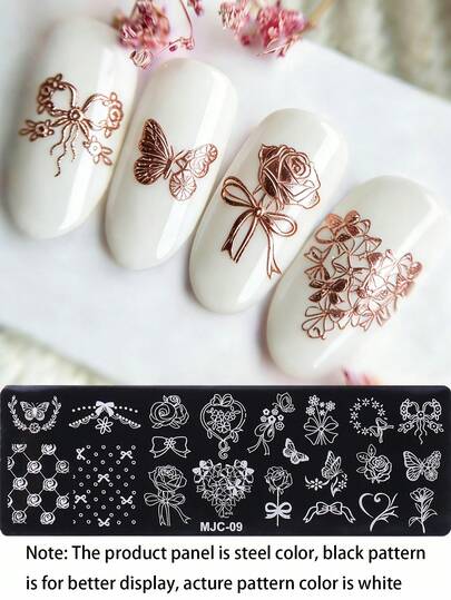 1pc Butterfly Rose Bow Nail Stamping Plate, Stainless Steel Nail Art Stamp Template, French Style Sweet Bow Flower Nail Print Stencil, Reusable DIY Manicure Tool For Press-On Nails, Nail Salon Supplies For Beginners, Vintage Rose Bow Nail Art Stamping Plate For DIY Nail Decoration, Nail Supply