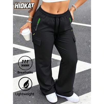 Hidkat Women's Spring/Autumn Letter Print Green Zipper Pocket Cargo Pants, Fashionable Large Pocket Design, Drawstring Elastic Waist, Casual Outdoor/Daily Wear Trousers, Fitness Sportswear, Y2K Streetwear Leggings