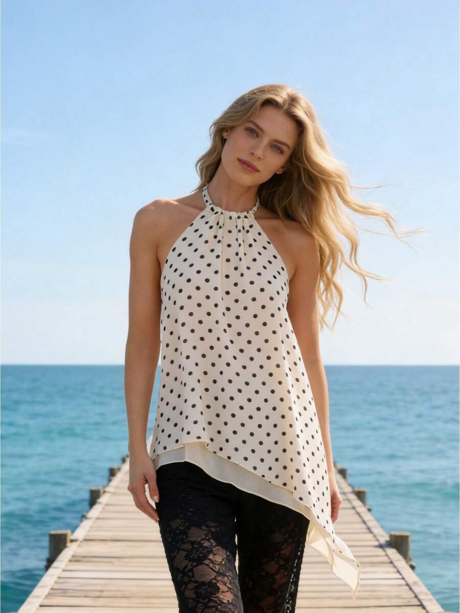 Women's Summer Vacation Mesh Halter Cowl Neck Tank Tops Sleeveless Backless Y2k Casual Cute Asymmetrical Hem Shirts Streetwear Party Clubwear Going Out Tops  ﻿ - trắng - Xem 1