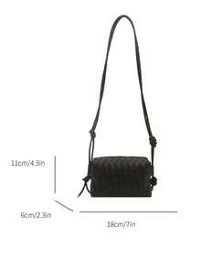 Minimalist Solid Color Mini Woven Texture PU Camera Bag, Portable Crossbody Bag, Suitable For Women - Black - View 2