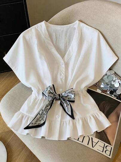 French Style White Batwing Sleeve V-Neck Blouse With Paisley Scarf Accent, Suitable For Work And Casual Occasions, Ideal For Commuting And Vacation, Bow Tie Blouse, Tie Front Shirt, White Elegant Shirt