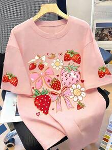 Damen Große Größen Mode kreative Erdbeere Schleife Muster Rundhals T-Shirt, geeignet für Sommerurlaub, Strand, Frühlingsferien, Valentinstag, Muttertag Geschenk, Pink Lässig - Pink - Übersicht 1