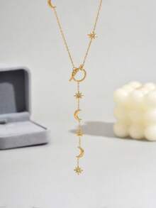LIEBEIRIS 1pc 18K Gold Plated OT Clasp Y-Necklace With Octagonal Star & Moon Pendant, Stainless Steel Women's Necklace, Suitable For Daily Wear And Gift - Gold - View 4