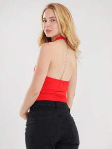 Women's Halter Cropped Top With Halter Neck And Open Back - Summer - Merah - View 3
