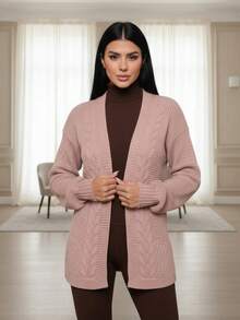 Cardigan Coat Winter Women Braids Blouse Elegant Knitted - 米色 - 查看 1