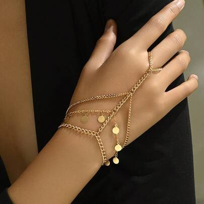 1 chiếc vòng tay dạng dây xích nhiều lớp tối giản kèm nhẫn, vòng tay mắt xích đính sequin và tua rua tinh tế, trang sức mạ vàng sang trọng cho đeo hàng ngày.