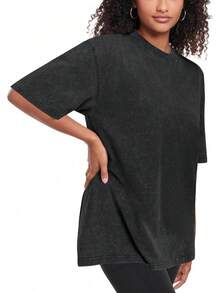CHICALLURE Womens Oversized T Shirts Unisex Loose Fit Shirt Basic Vintage Washed Short Sleeve Tee Tops - Black - View 4