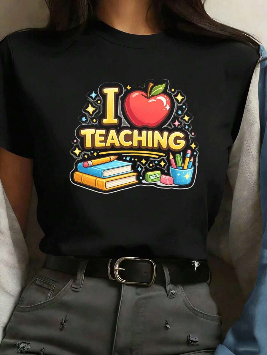 Adoro insegnare. Maglietta per insegnanti Apple Books in cotone di alta qualità, vestibilità ampia, casual, traspirante, nuovo arrivo. - nero - Visualizzare 1