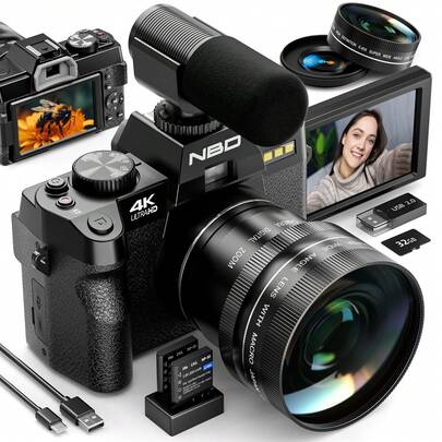 NBD Цифрова камера 48 МП 4K, 3,0-дюймовий відкидний екран, підходить для відеоблогу, ширококутний об'єктив та 16-кратний цифровий зум, вбудований спалах, режими для селфі та нічної зйомки, комплект з кількома об'єктивами та зовнішній мікрофон, ідеально підходить для початківців (включає карту пам'яті SD на 32 ГБ + 2 батареї)