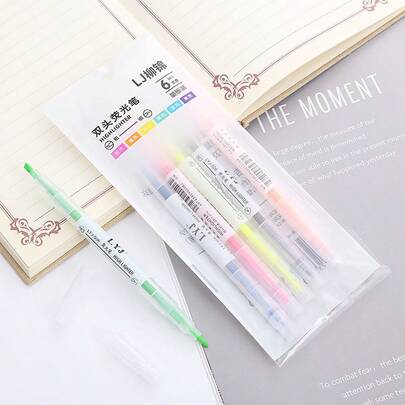 1 buc. Evidențiatoare cu 6 culori: Pixuri fluorescente, Evidențiatoare colorate cu vârf dublu, Evidențiatoare pastelate, Culori asortate, Pixuri evidențiatoare cu vârf dublu pentru Bullet Journaling și rechizite școlare/de birou