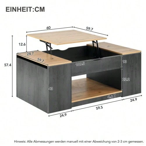 WF311892AAZ Coffee Table With Lift Function - 109.5cm, Grey Frame, Stylish Design, Storage Space Under The Tabletop - Khaki - View 1