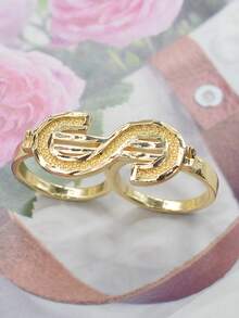 1pc 14K Gold Plated 3D Dollar Sign Double Finger Ring, Unisex Jewelry, Christmas/Birthday/Easter/Party Gift - Gold - View 3
