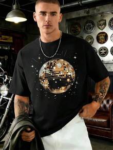 Disco Ball Graphic Print Tee Retro Party Sparkle Spring, Premium Cotton, Round Neck, Easy Fit, Comfortable, Street Hip-Hop - Black - View 1