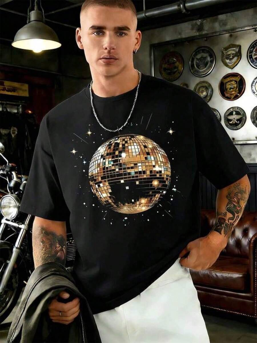 Disco Ball Graphic Print Tee Retro Party Sparkle Spring, Premium Cotton, Round Neck, Easy Fit, Comfortable, Street Hip-Hop - Black - View 1