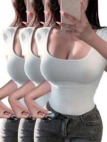 3pcs/Set Women's U-Neck Short Sleeve T-Shirts, Summer Fashion Solid Color Casual Fitted Cropped Tops - Multicolor - View 1