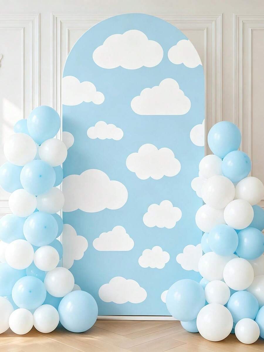 1pc Sky Blue Arch Backdrop With Elastic Band, Cute Cloud Pattern, Suitable For Baby Shower Party, Birthday Party Decor, Anniversary Celebration, Spring Party Supplies, Holiday Party Gifts, Wall Decor, Gender Reveal, Baby Shower, Photography Props, Party Favors, Wedding Backdrop, Birthday Party Gifts, Home Party Supplies, Happy Birthday, Home Decor