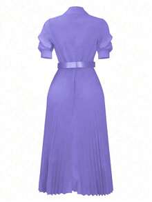 Spring/Summer Slim Fit Elegant Lady Style Solid Color Pleated Dress With Belt, Short Sleeve Dress, Lightweight Breathable Polyester Fabric - Lilac Purple - View 6