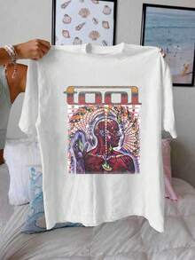Plus Size Women's Summer Pattern Print Casual Simple Loose Comfortable Fashion Round Neck Short Sleeve T-Shirt Top White - White - View 1