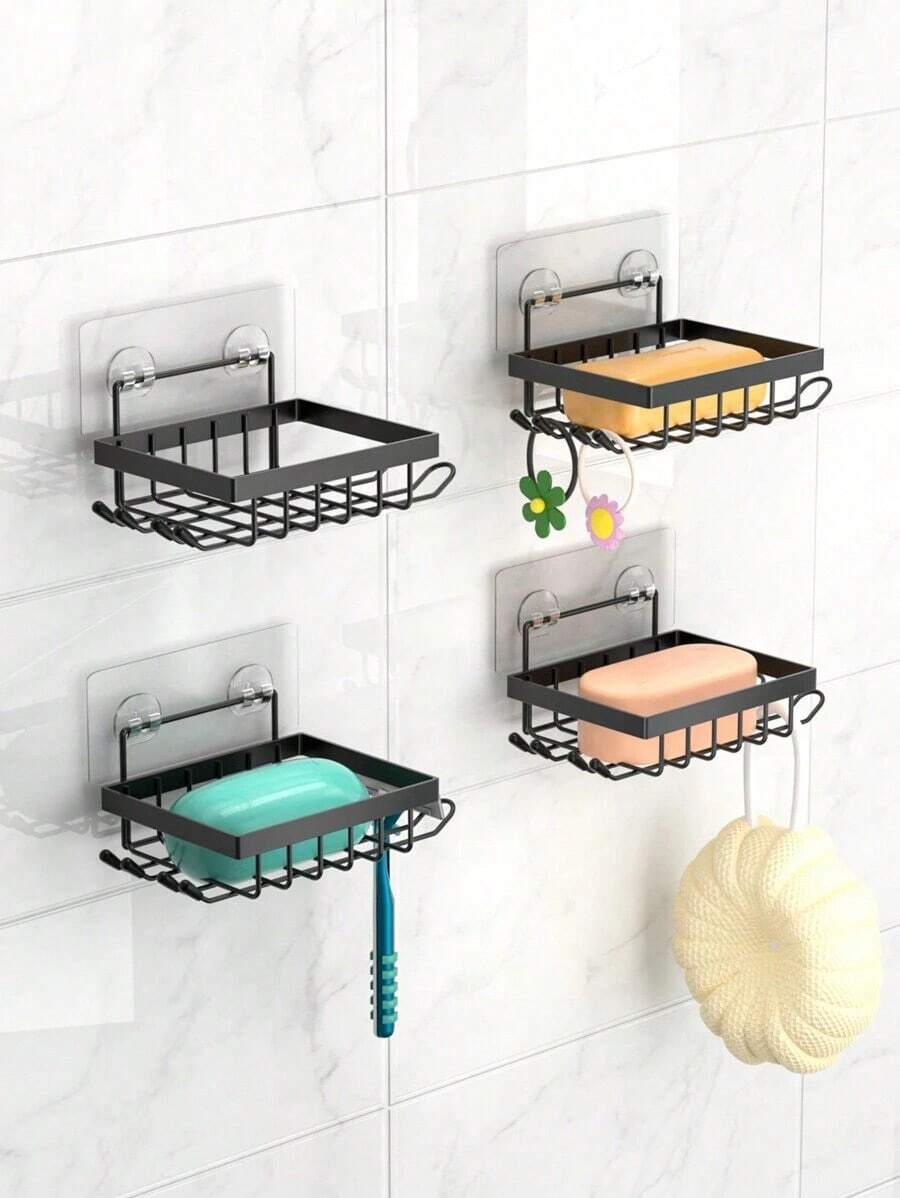 1pc Metal Soap Dish, Bathroom Soap Holder, Wall Mounted Shower Caddy, Bathroom Storage Organizer - Black - View 1