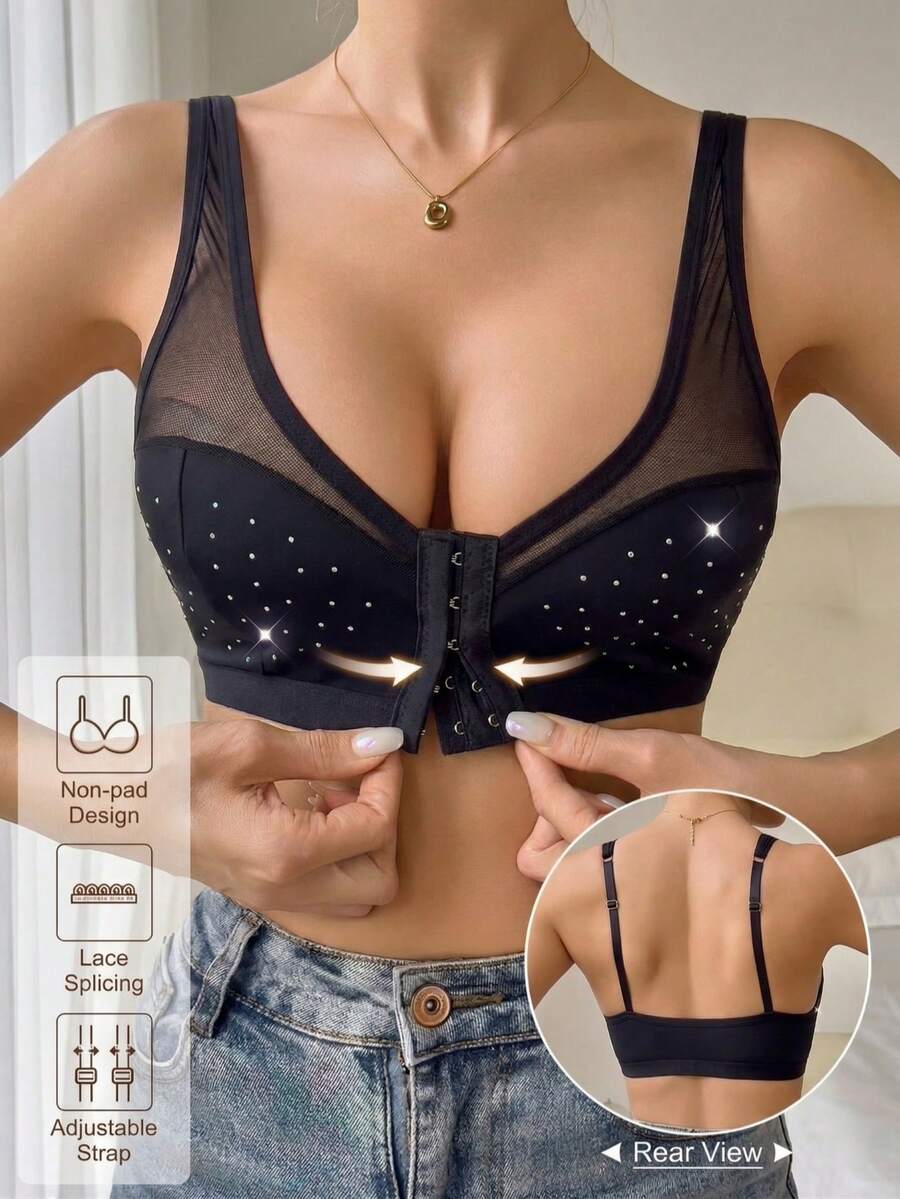 Sujetador sin aros ni relleno para mujer, con cierre delantero, elegante, con malla y decoración de strass - Negro - Ver 1