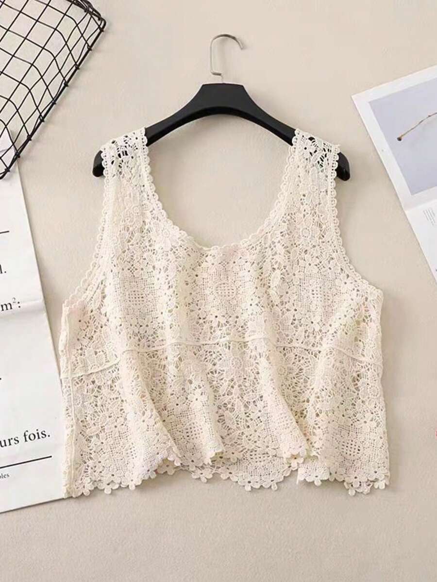 Áo khoác cardigan nữ dáng rộng, không tay, kiểu dáng bất đối xứng, ren móc nhiều lớp, thích hợp cho mùa hè. - Màu be - Xem 1
