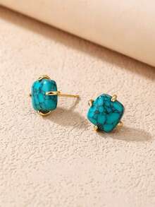 一对奢华绿松石耳钉，四爪固定设计，百搭优雅，适合日常佩戴和送礼 - 彩色 - 查看 4