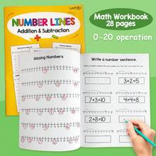 28 páginas Libro de ejercicios de línea numérica de 0 a 20 para suma y resta, materiales de aprendizaje de matemáticas, juegos de lectura, adecuado para niños, actividades de educación preescolar, ejercicios, práctica de conteo de dígitos, cuaderno de trabajo de matemáticas de jardín de infantes y primaria, libro de práctica aritmética - Multicolor - Ver 2