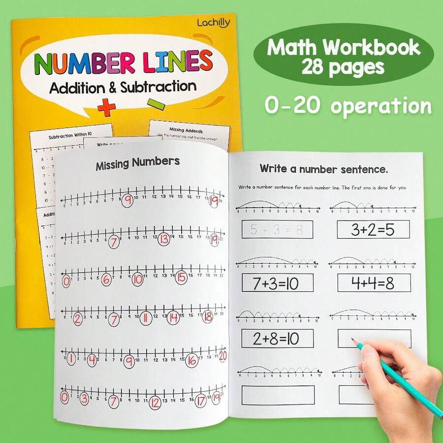 28 páginas Libro de ejercicios de línea numérica de 0 a 20 para suma y resta, materiales de aprendizaje de matemáticas, juegos de lectura, adecuado para niños, actividades de educación preescolar, ejercicios, práctica de conteo de dígitos, cuaderno de trabajo de matemáticas de jardín de infantes y primaria, libro de práctica aritmética