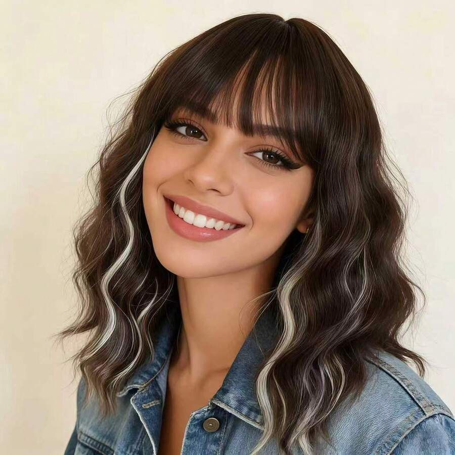 14" Brown Ombre Short Curly Bob Wig With Bangs For Women - Matte Heat-Resistant Fiber | Breathable Rose Net | Women Christmas Holiday Daily Wear - 挑染白色 - 查看 1