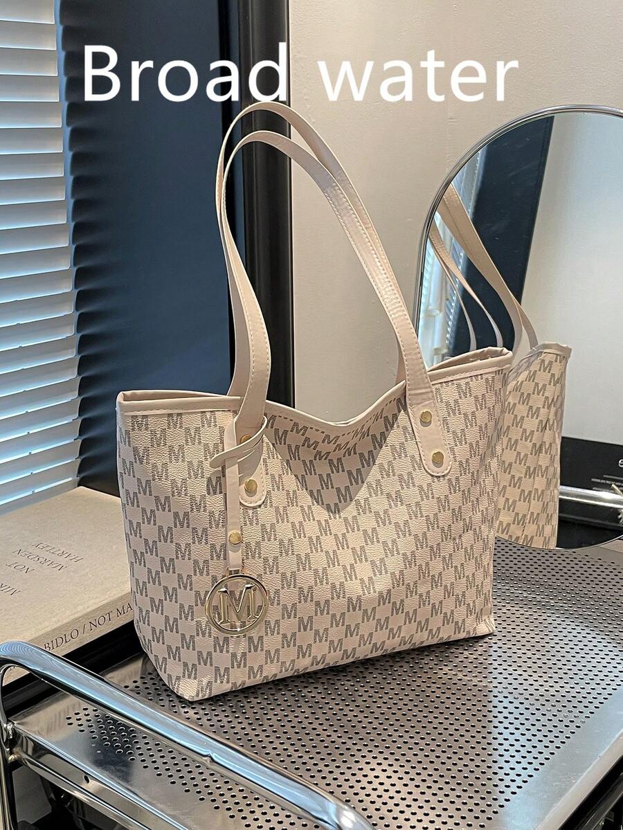 Fashionable Metal Letter Pendant Decor, Large Capacity Multi-Purpose Diamond Floral Pattern Tote Bag, Casual Shoulder Bag For Women - Beige - View 1