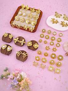 几何镂空纹理金色耳环，法式浪漫壁龛设计，不锈钢首饰，女士沙滩配饰，珍珠耳环，女士耳环套装，日常佩戴派对节日礼物 - 金色 - 查看 8