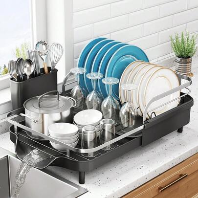 Escurreplatos expandible, escurridor de platos de acero inoxidable con bandeja de drenaje y soporte para utensilios para la encimera de la cocina, diseño ahorrador de espacio en negro