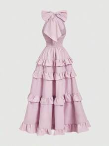 Women's Elegant Lilac Purple Deep V Neck Halter Multi-Layered Ruffle Waist Cinched Flowy A-Line Maxi Dress, Boho Fairy Tale Long Gown For Beach Vacation Wedding Guest Prom Party, Plus Size Available - 黑色 - 查看 8
