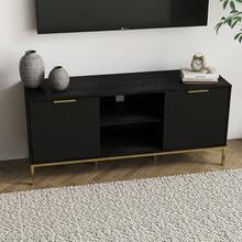 Modern TV Stand With Wave-Design Doors, Open Compartment And Adjustable Shelf, Stylish Functional Entertainment Center Storage Cabinet For Living Room Home Decor - Black+Gold - View 7