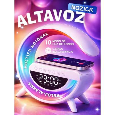 Este reproductor de música 3 en 1 combina luz nocturna, cargador inalámbrico, altavoz Bluetooth, lámpara de escritorio y lámpara de mesita de noche en un solo dispositivo. Cuenta con una batería recargable integrada que ofrece de 2 a 3 horas de autonomía.