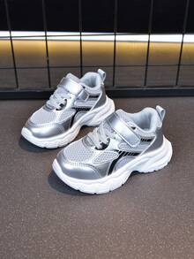 Kids Silver Mesh Breathable Platform Sneakers, Unisex Children Hook And Loop Casual Sports Running School Shoes Size 21-30 - Grey - View 3