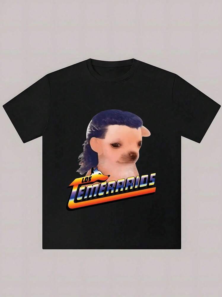 Camiseta de Hombre Estampada con Diseño Divertido de Perro y la Frase Los Temerarios,Camiseta Casual Cómoda y Original. - Negro - Añade 6