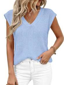 Women's Knit Sweaters Vest Lightweight Spring Cap Sleeve V Neck Tank Tops Summer Going Out Outfits - 淺藍色 - 查看 5