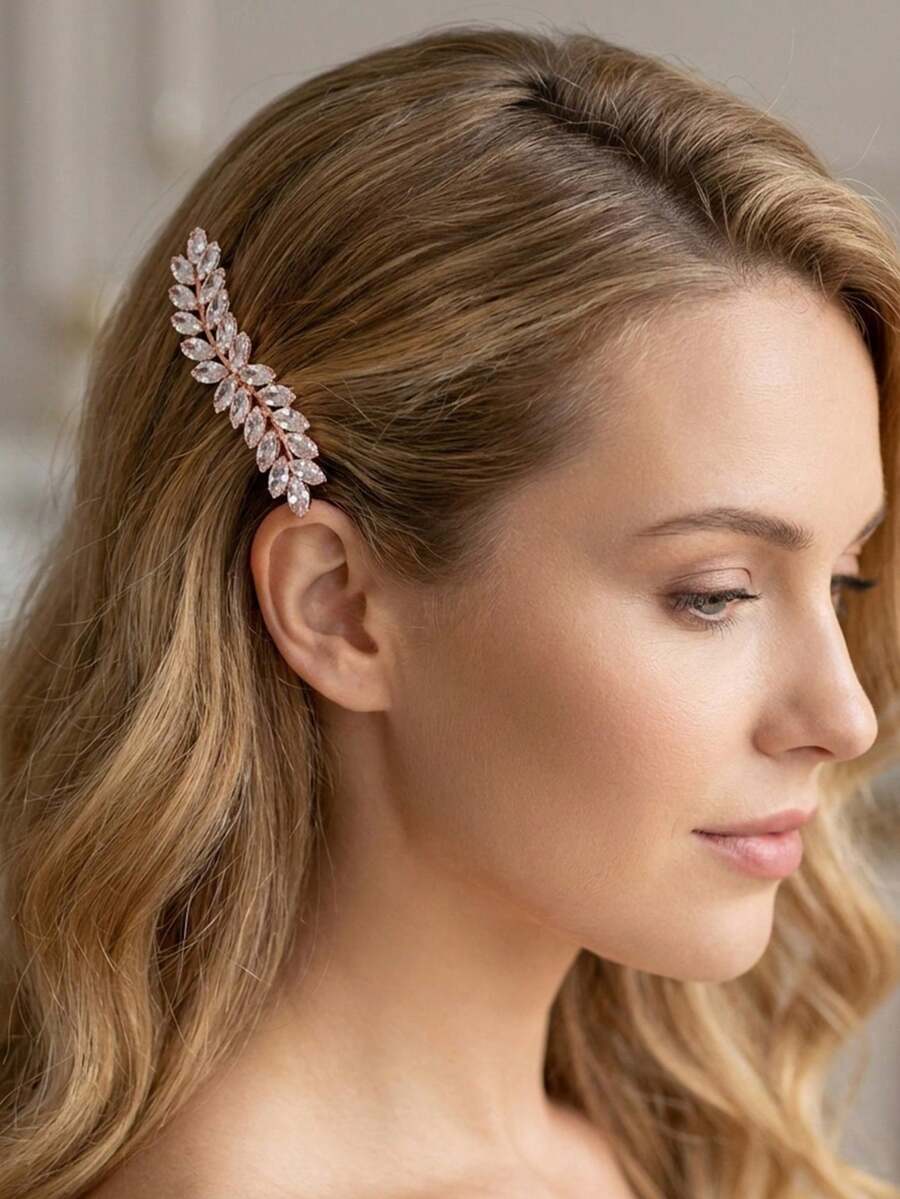 1个法式复古水钻麦穗耳夹，闪亮锆石半扎发夹，女士日常通勤