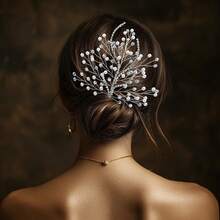 1件纯手工镶钻水晶新娘头饰，时尚发髻发型婚礼发饰 - 銀色 - 查看 4