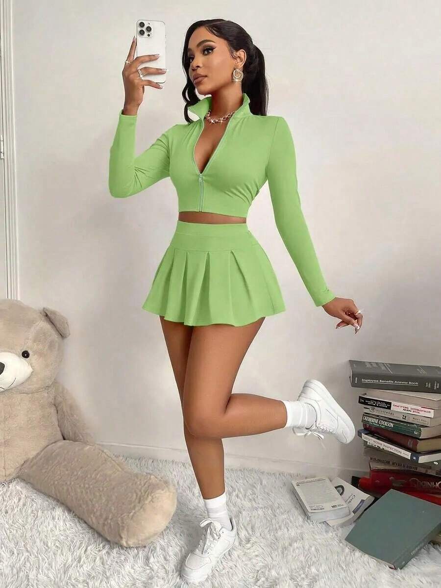Women's 2-Piece Set, Slimming Top And Girly Style Safety Pants/Skirt, Suitable Sports, Daily Life, Tennis, Casual Elegant Zipper Pleated Design, Autumn/Winter - Xanh nhạt - Xem 1