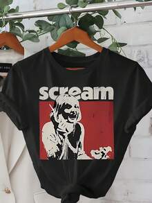 100% Cotton Women'S Casual Short Sleeve Crew Neck T-Shirt Featuring A Graphic Print Inspired By Noir Horror Films, Perfect For Summer And Spring Women Tops - màu đen - Xem 7
