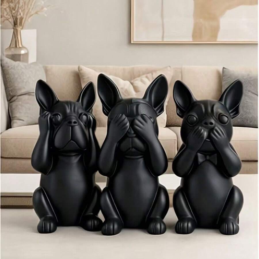 Bộ 3 tượng chó Bulldog Pháp, "Không nhìn thấy điều ác, không nghe thấy điều ác, không nói điều ác", tượng chó theo phong cách tối giản Bắc Âu màu đen, vật trang trí bàn làm việc cho phòng khách, quà tặng cho người yêu chó. - A - Xem 1