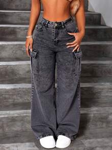 Straight-Leg Jeans In Washed Smoke Gray Denim With Multiple Pockets And Elastic Butt-Lifting Effect - Grey - View 2